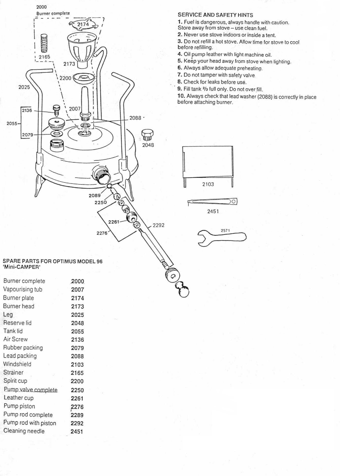 Optimus 96 Mini Camper Stove exploded view